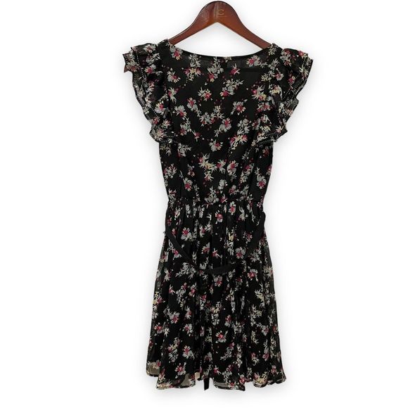 H&M black with multi floral all over print Elastic waist with sash tie size 4 - Picture 2 of 8